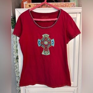 CATTLELAC Ranch Red Short Sleeve Embroidered‎ Cross Blouse Extra Large
